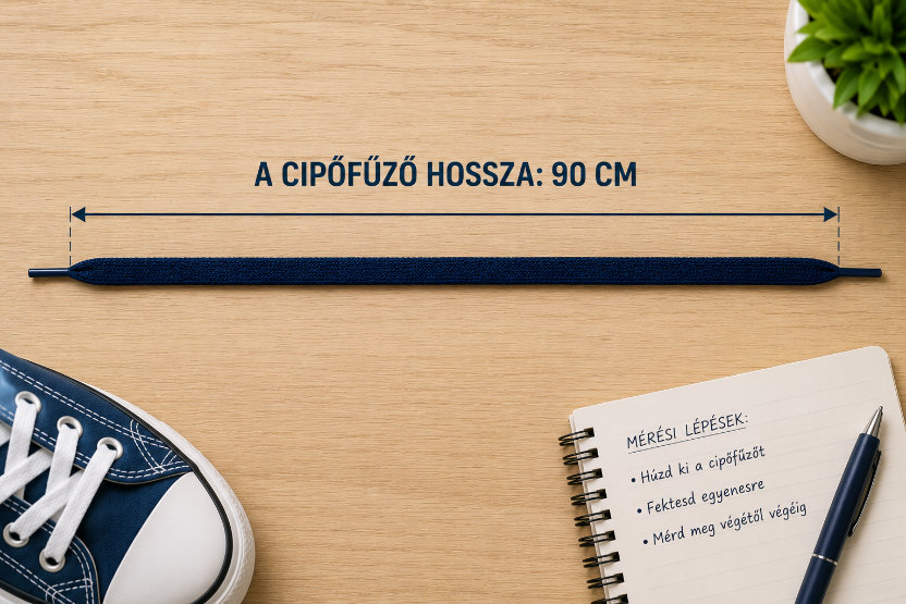 Kihúzott cipőfűző hosszának megmérése