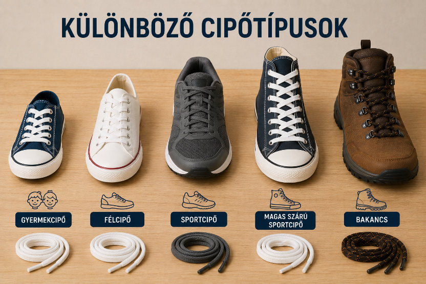 Különböző cipőtípusok és a&nbsp;hozzájuk illő cipőfűzők
