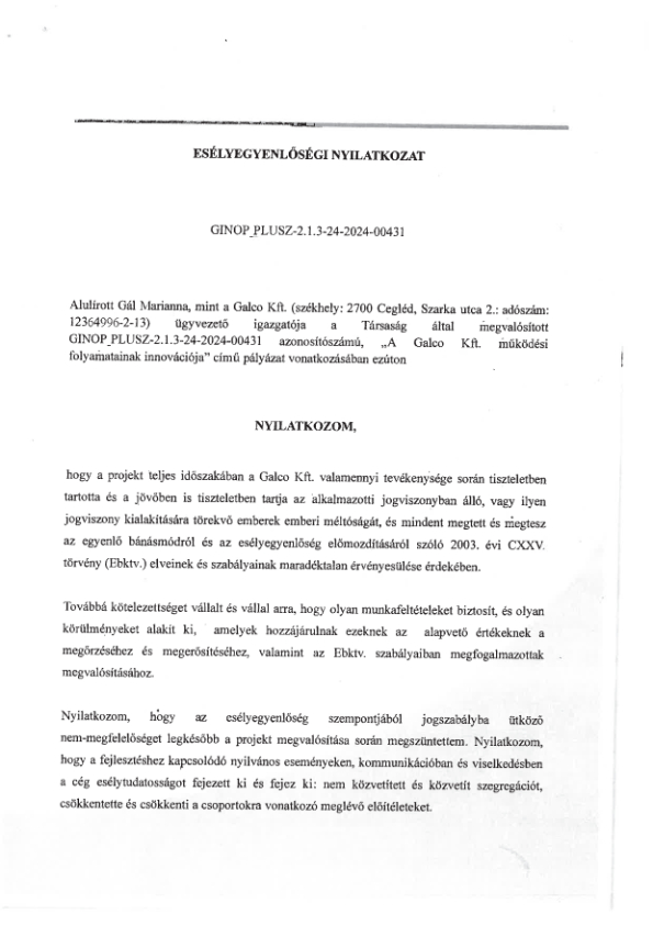Esélyegyenlõségi nyilatkozat